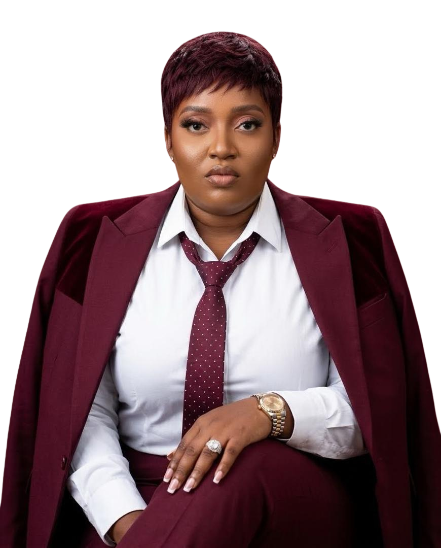 Awura Abena Amponsah in a burgundy executive suit